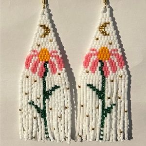 Beaded echinacea flower earrings with fringe